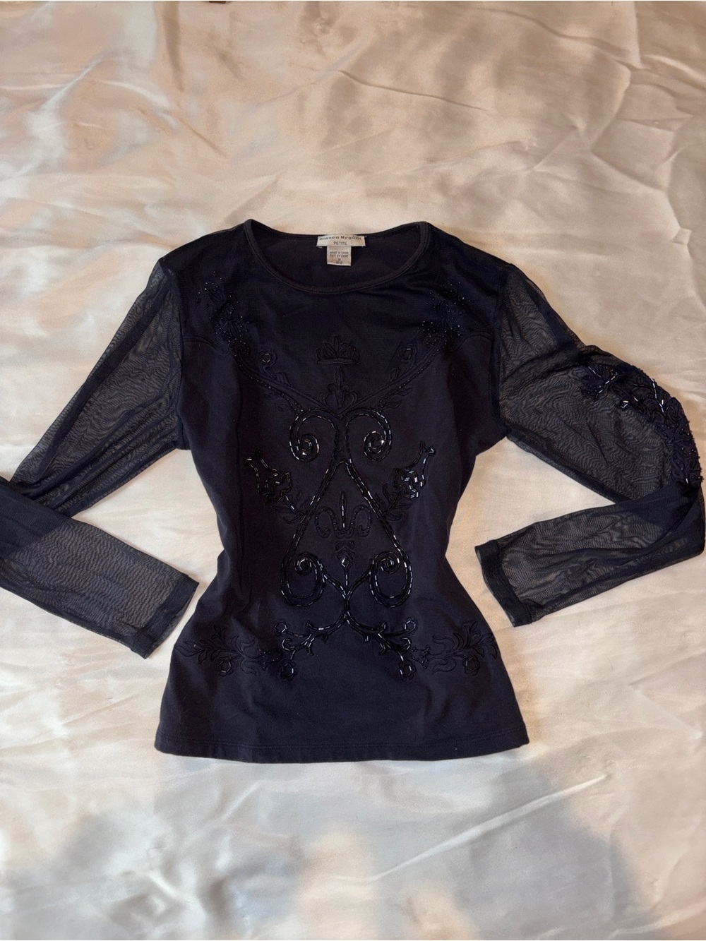 Bianca Nygard Petite Y2K Beaded Embroidered Mesh Sleeve Top M 10–12